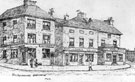 Artists impression of Old Bridgehouses, showing Nos. 16 Woodcocks, butcher, 14 Thickett (or Trickett) plumber and glazier, 12 Kelsey, boot and shoe dealer and 8 Sportsman Inn