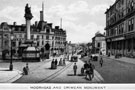 Moorhead and Crimean Monument, looking towards South Street, Moor. T. and J. Roberts, (later became Roberts Brothers), Drapers, right. Moorhead Brewery and Grapes Hotel, Thomas Berry and Co. Ltd., left