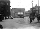 Fitzalan Square looking towards The Odeon Cinema, Flat Street showing General Post Office (extreme left) and  junction with Norfolk Street and No. 2/4  Elephants Inn