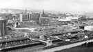 View: y02948 Elevated view from Park Hill looking across Sheffield Midland railway station and Pond Street towards Sheffield Polytechnic (later renamed Hallam University); Fiesta Nightclub and Top Rank Suite