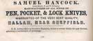 Samuel Hancock, pen; pocket and lock knife manufacturer, Hallam, from an advertisement in Melville Co.'s Commercial Directory of Sheffield