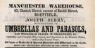Joseph Berry, umberella and parasol manufacturer and dealer, Manchester Warehouse, No. 43 Church Street, corner of Smith Street