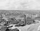 View: s28033 View from Skye Edge across Park Brick Works and Blagden Street (left foreground) rear of Hampton Street (foreground) Park Library and Corporation Baths (extreme left) and Park Hill Flats  looking towards the City Centre 