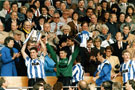 Sheffield Wednesday players and (left) Nigel Pearson, the captain holds aloft the Rumbelows League Cup with Chris Turner and Trevor Francis (second right), Wembley Stadium