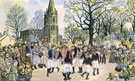 Painting by Bill Kirby of Handsworth Traditional Sword Dancers dancing outside St. Mary's C. of E. Church, Handsworth Road