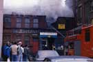 View: t06052 J.H. Dickinson Ltd, cutlery manufacturers, Lowfield Cutlery Forge (corner with Sark Road) on fire