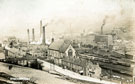 Stocksbridge Works, Stocksbridge, with St Matthias Church. On right is Samuel Fox and Co
