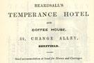 Advertisement for Beardsall's Temperance Hotel and Coffee House, No. 32 Change Alley