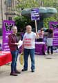 View: a00984 Sheffield Unite Against Fascism stall at a protest against an anti English Defence League (EDL) visit to Sheffield