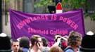 Sheffield College banner at a protest against an English Defence League (EDL) visit to Sheffield