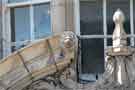 Carved lion's head on the broken pediment of the entrance to the Alexandra Hotel on Castlegate