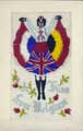 Postcard with embroidered picture depicting dancer with skirt made up of French, British and Belgian flags, with caption 'A Kiss From Belgium'. Postcard with embroidered picture depicting dancer with skirt made up of French, British and Belgian flags, with caption 'A Kiss From Belgium'.