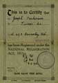 National Registration Certificate for Joseph Parkinson, turner, of 473 Barnsley Road, Sheffield