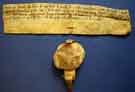 Foundation charter (front view) of St. Leonard's Hospital, Sheffield - William de Lovetot to the sick of Sheffield. Land next to the Don bridge and corrody from the mill of Sheffield [i.e. an allowance of flour], for ever, c. 1160