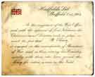 Card issued to H. Storey, a munitions worker at Hadfield's Ltd., certifying he is serving his country equally with those who have joined the army for active service