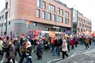 View: c03943  Public sector workers strike and demonstration over planned changes to their pension scheme, passing the South Yorkshire Fire and Rescue HQ on Eyre Street