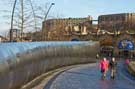View: c04106 Cutting Edge Sculpture by Si Applied Ltd. with Keiko Mukaide, on the pedestrian route from the Sheffield Midland railway station to the pedestrian crossing on Sheaf Street at the bottom of Howard Street