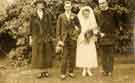 Wedding of Evelyn Crofts and G. [George Watson] Dearn, St. Cuthbert's C. of E. Church, Barnsley Road showing (right) vicar of St Cuthberts, Alfred Ellis Farrow