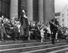 Councillor Harold Lambert addressing the Lord Mayor's Parade on the steps of the City Hall, Barkers Pool