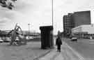 View: s32552 Stainless steel sculpture near the Wicker Arches, Savile Street, Attercliffe, showing Hartwell's car dealers behind sculpture and Saville House office block on the right  