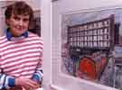 View: s32566 Artist Norah Rogerson and her painting of the Sheffield Canal at Kelham Island for the Kelham Island Art Exhibition, Alma Street