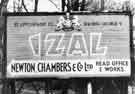 Information board on White Lane advertising the head office and works of Newton, Chambers and Co. Ltd, White Lane, High Green, makers of Izal disinfectant
