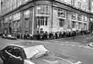 Queue for jobs at the Job Centre, (formerly Barclays Bank), Telephone Buildings, as seen from the corner of Pinfold Street and Holly Street 