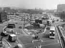 Construction of Sheaf Square roundabout at the junction of Leadmill Road and Paternoster Row, looking towards Sheaf Street and Sheffield Midland railway station and Park Hill flats (right) 