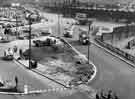 Construction of Sheaf Square roundabout at the junction of Leadmill Road and Paternoster Row, looking towards Sheaf Street and Sheffield Midland railway station (right) 