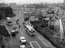 Construction of Sheaf Square roundabout, looking towards Pond Street with Howard Hotel and Sheffield Wholesale Linoleum Company (left) 
