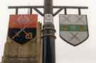 View: s34664 Heraldic banners on lamp posts outside Sheffield Cathedral
