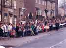 Protest against the closure of Wharncliffe Side School outside the Blue Ball Inn, Brightholmlee Lane, Wharncliffe Side