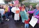 Parents protesting outside Greenhill Infant and Junior School (latterly Greenhill Primary School), Greenhill Main Road at the closure of the school kitchens
