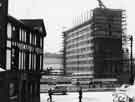 View: s39132 Construction of British Transport Commission Offices, Sheaf House, Suffolk Road showing (left) Howard Hotel, No. 57 Howard Street and Sheaf Square roundabout (centre)