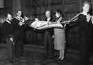 View: s40266 Stretcher presentation in the Town Hall to the Lord Mayor, Lionel Stephen Edward Farris, JP and the Lady Mayoress by the Derbyshire Cave Rescue Organisation