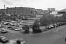 Broad Street car park from Shude Hill showing (centre) Park Square Supertram Bridge and Park Hill Flats