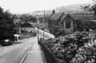 Nanny Hill, Stocksbridge showing the junction with Manchester Road and (left) New Inn; (centre) St.Matthias C.of E. Church and (right) Samuel Fox and Co. Ltd., Stocksbridge Works