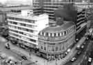 View from Town Hall of the junction of (right) Leopold Street and (left) Barkers Pool showing (centre) H. L. Brown and Son Ltd., (No.2) and (left) Royal London Insurance Society Ltd., New Oxford House, Barkers Pool