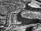 Aerial view of Beauchief and Meadowhead showing (left) Abbey Lane and Abbey Lane Cemetery (top right) Graves Park and (right) Parkbank Wood, Chancet Wood and Woodside Brick Co. Ltd, Woodside Brickworks, Chesterfield Road c.1950