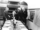 Train built by Cravens Ltd., Acres Hill Lane, Darnall for the Thailand Royal Family showing (first right) Lord Mayor, Alderman Lionel Stephen Edward Farris, JP and (seated) Lady Mayoress, Mrs Lily Graham
