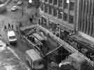 Construction of Castle Square showing (top left) High Street, (centre) Market Place shops, No.19 Eve Brown, costumier, No,21 William Timpson Ltd., shoe shop and (top) Yorkshire Insurance House