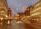 View: s45351 Christmas lights on Pinstone Street from junction with Furnival Gate, c.1972