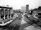 Exchange Place from Park Square; Sheaf Market (left); Wharf Street (right). Smithfield House in background.