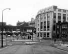 Exchange Street as seen from Victoria Station Road showing (right) Alexandra Hotel; (centre) Hambleden House and (left) Setts Market with Sheaf Market behind