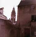 Rear of shops on Leopold Street prior to the Orchard Square redevelopment showing tower of Town Hall (centre)