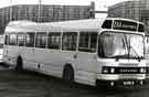 View: t11136 South Yorkshire Transport. Coach No. 31 in Pond Street Bus Station showing (top) Park Hill Flats