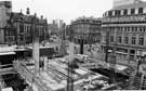 View from the top of Fargate showing Orchard Square under construction, looking towards Pinstone Street and on the far right the corner of Leopold Street, 1987.