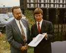 View: u07714 Michael Portillo MP (possibly as Minister of State for Transport) (right) looking at plans for the Sheffield Canal Basin, off Park Square 