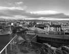 Snow Hill footpath by the railway tunnel on Cricket Inn Road looking down to Broad Street, showing (r. to l.) Durham Ox public house; Straddle Warehouse, Canal Basin and Sheffield Markets