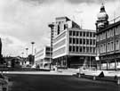 Furnival Street looking towards Furnival Gate showing the Grosvenor House Hotel in background; on right is Newton Chambers Showrooms, Tudor House, previously known as Newton House, Furnival Street